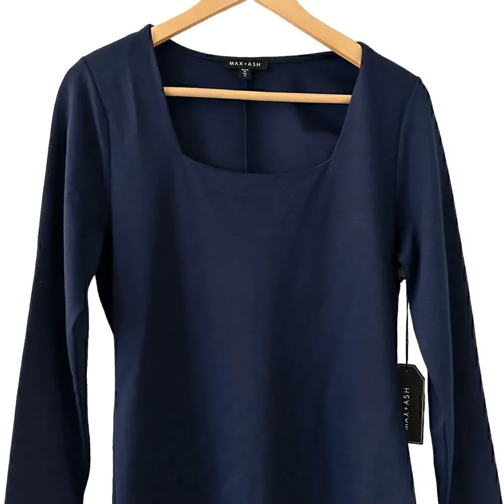 Max + Ash‎ Navy Blue Square Neck 3/4 Sleeve Polyester Bodycon Midi Dress Size M